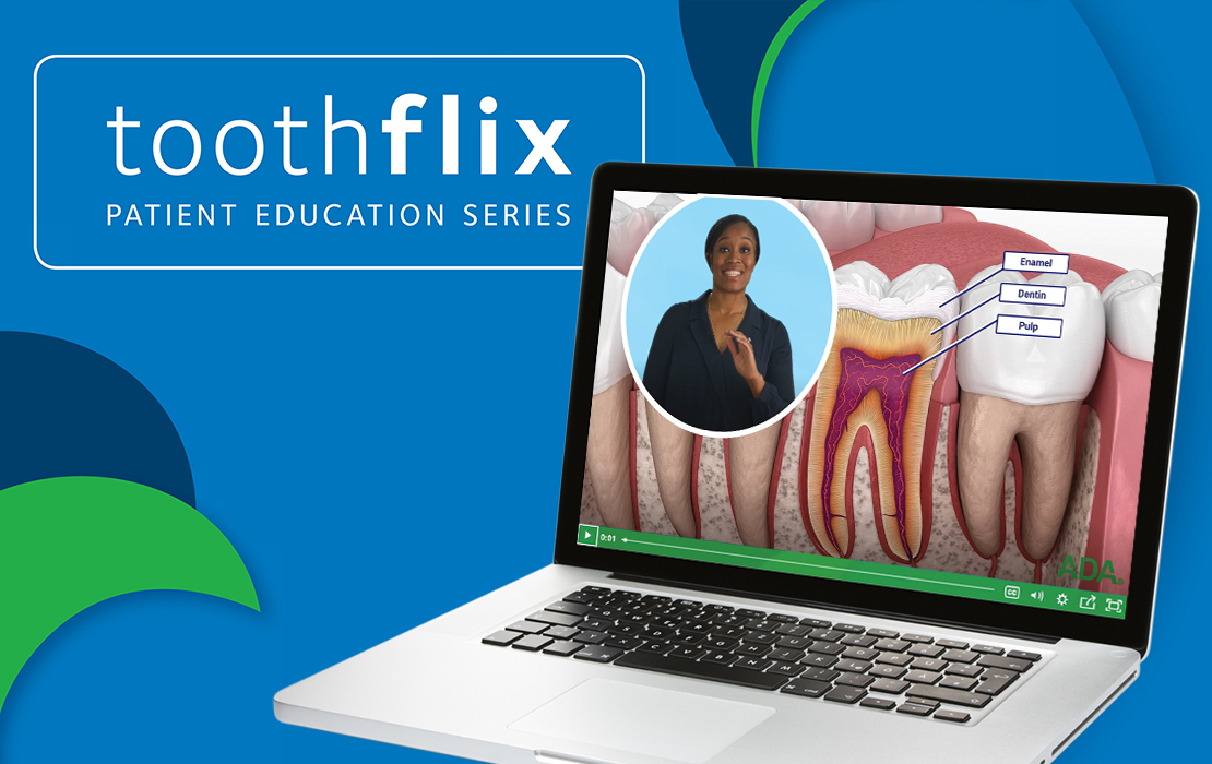 ADA Toothflix logo and laptop displaying sample video