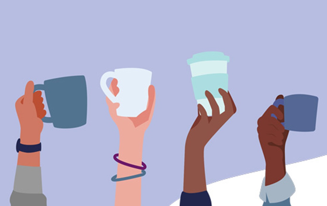 An Illustration of four people waiving their coffee cups in the air.