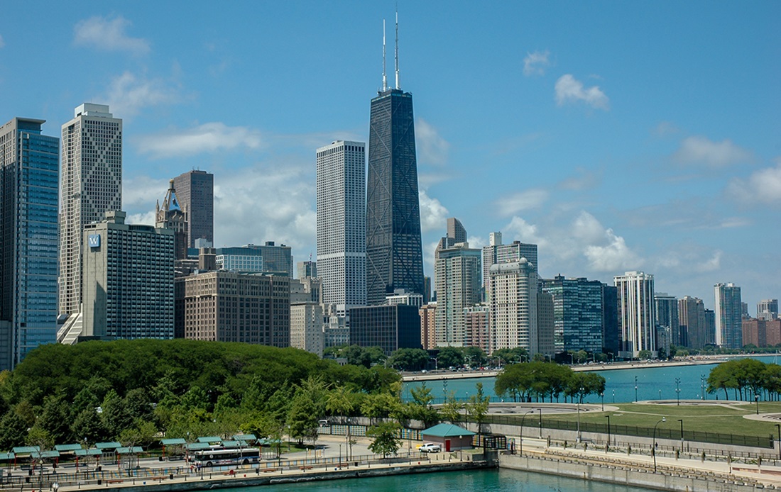 Chicago skyline during the day showing the Hancock building