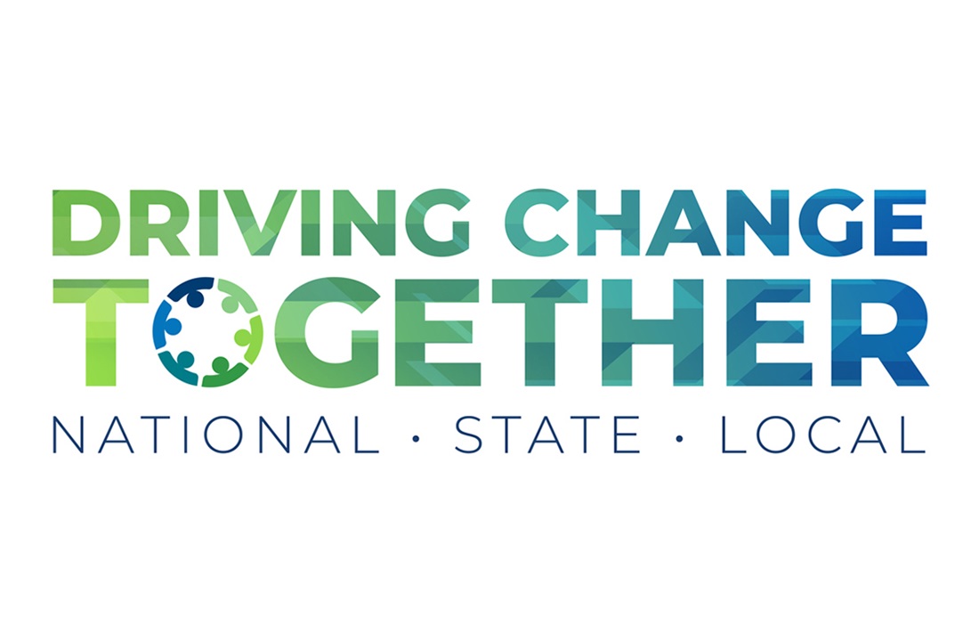 A logo that reads, "Driving Change Together, National, State, Local".