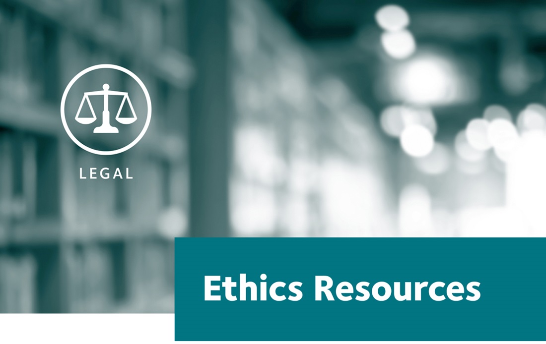 Ethics Resources title with a blurred library behind it