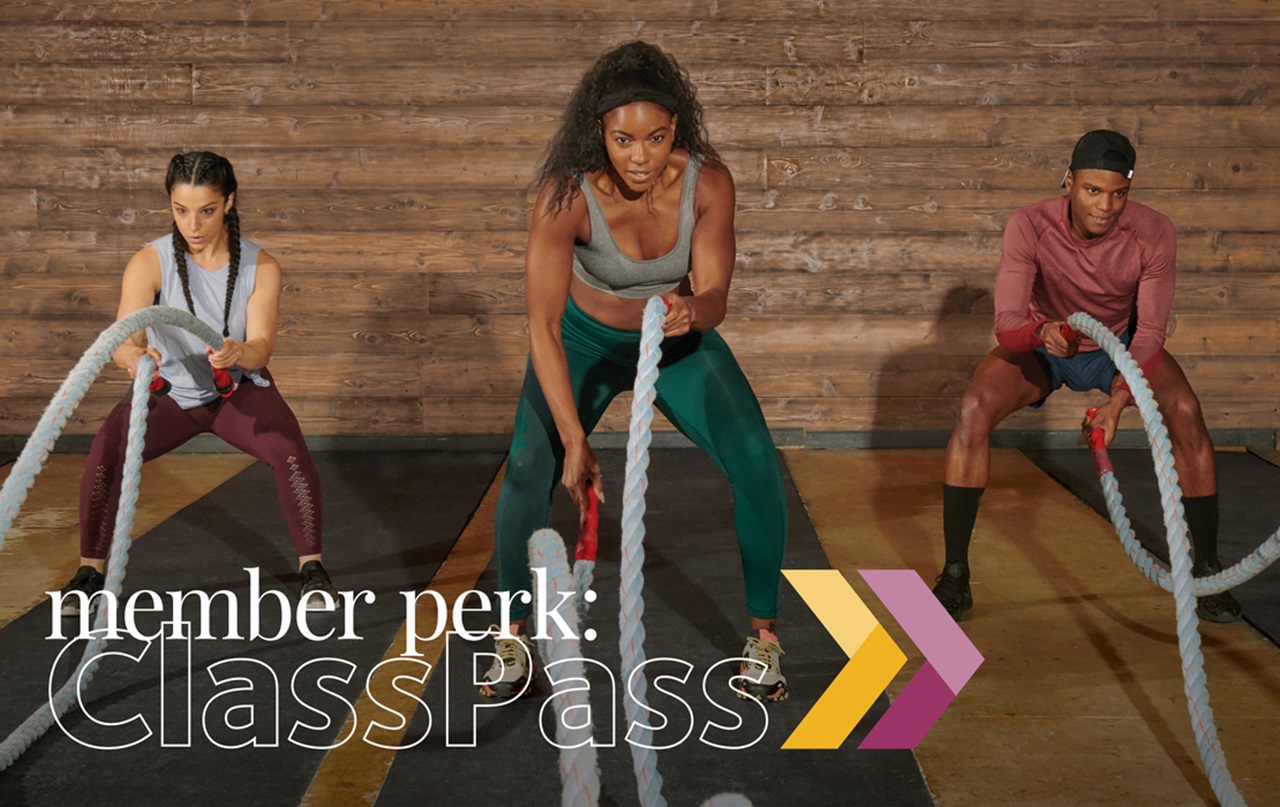 Three individuals using member perk fitness
