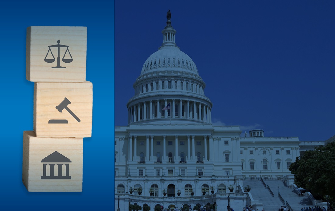 Capitol, building blocks of scale of justice, gavel, and building