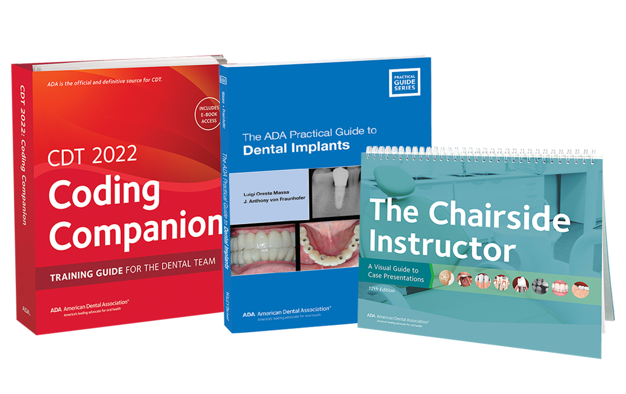 A promotional photograph of ADA Catalog products, including the "CDT 2022 Coding Companion", the "ADA Practical Guide to Dental Implants" book, and "The Chairside Instructor".