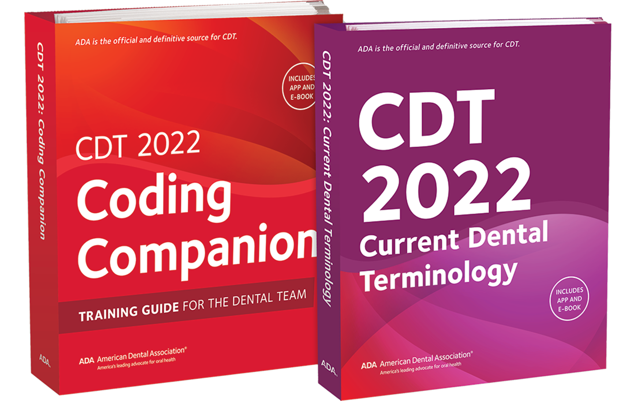 A promotional photograph of ADA Catalog products, including the "CDT 2022 Current Dental Terminology" and "CDT 2022 Coding Companion" book.