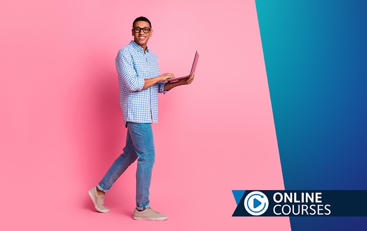 Happy man walking with laptop plus ADA CE Online Courses icon