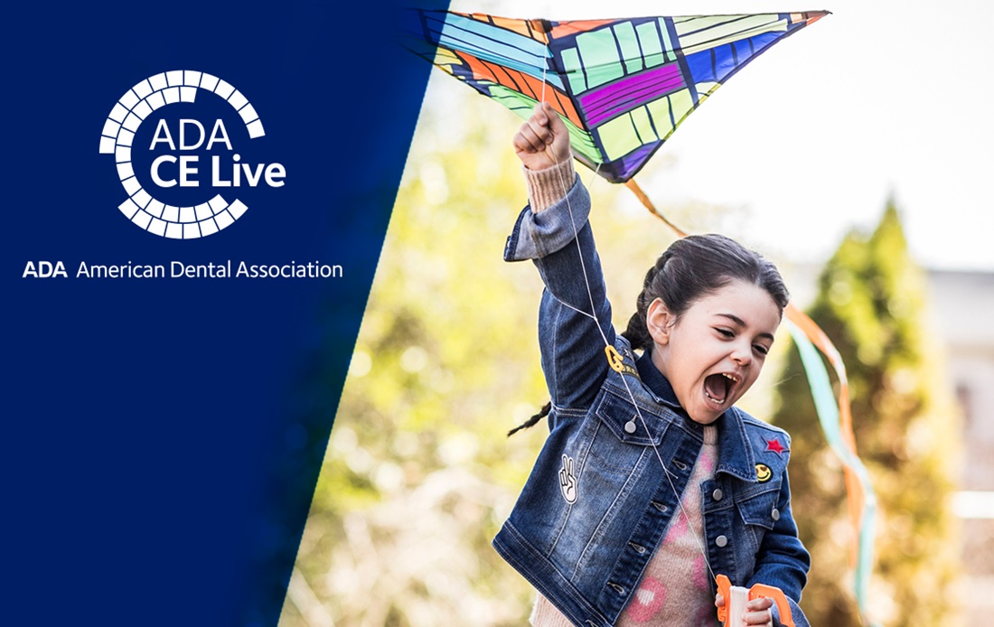 ADA CE Live logo and happy girl flying a kite
