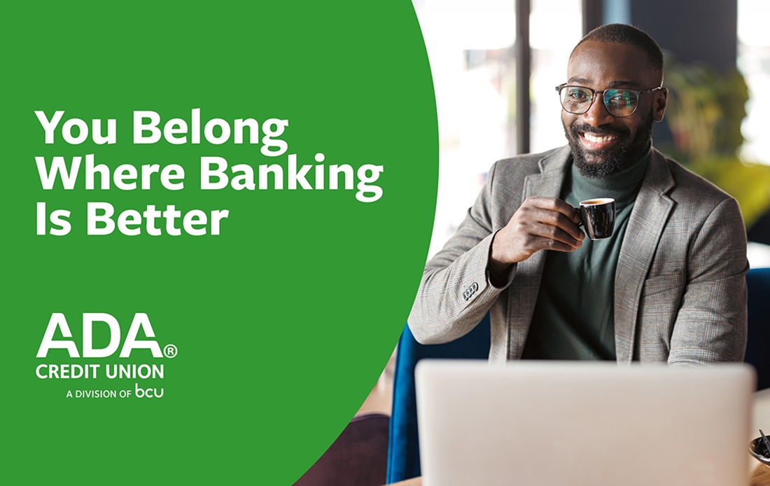 ADA Credit Union — Man drinking copy in front of laptop