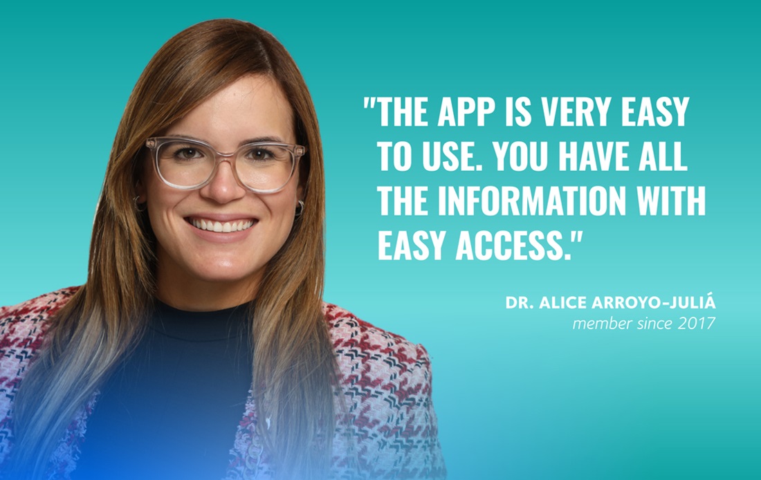 Mobile app promotional image featuring Dr. Alice Arroyo-Julia