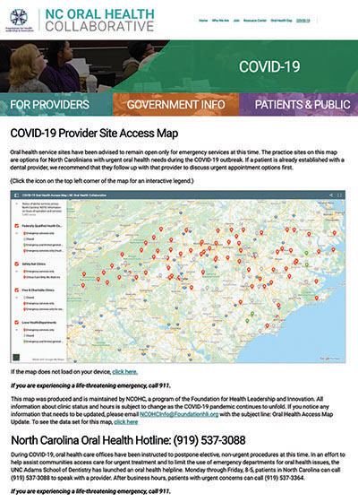 Image of NC Oral Health Collaborative COVID-19 Site Access Map
