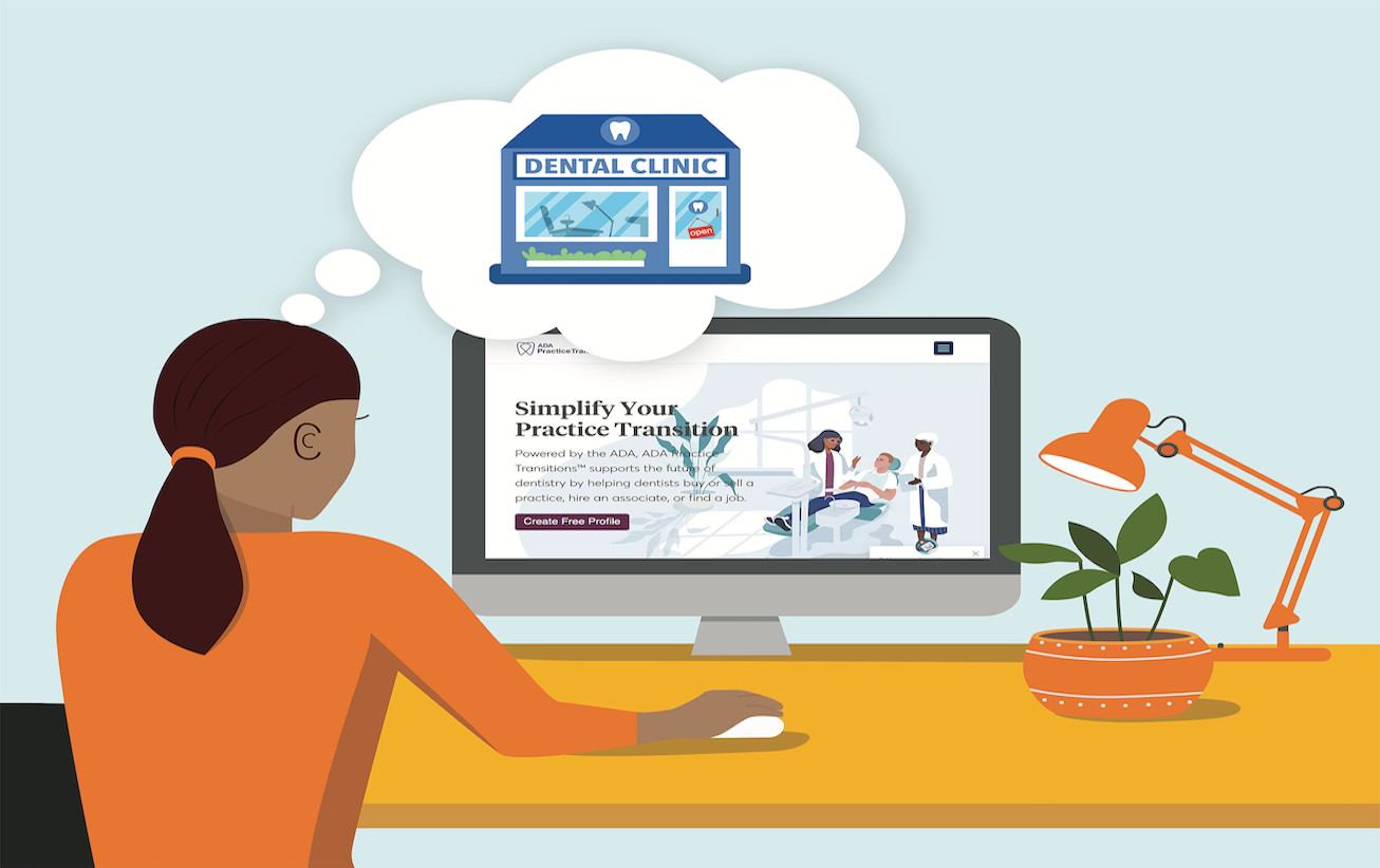 Illustration of a new dentist researching on a computer.