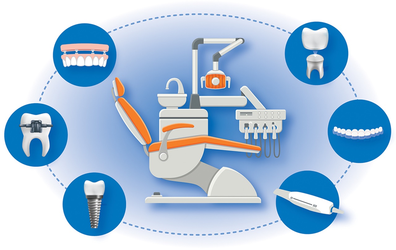 Illustration of a dental chair and new tech items