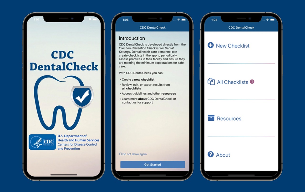 Screen shots of the new CDC DentalCheck app shown on three identical mobile devices.