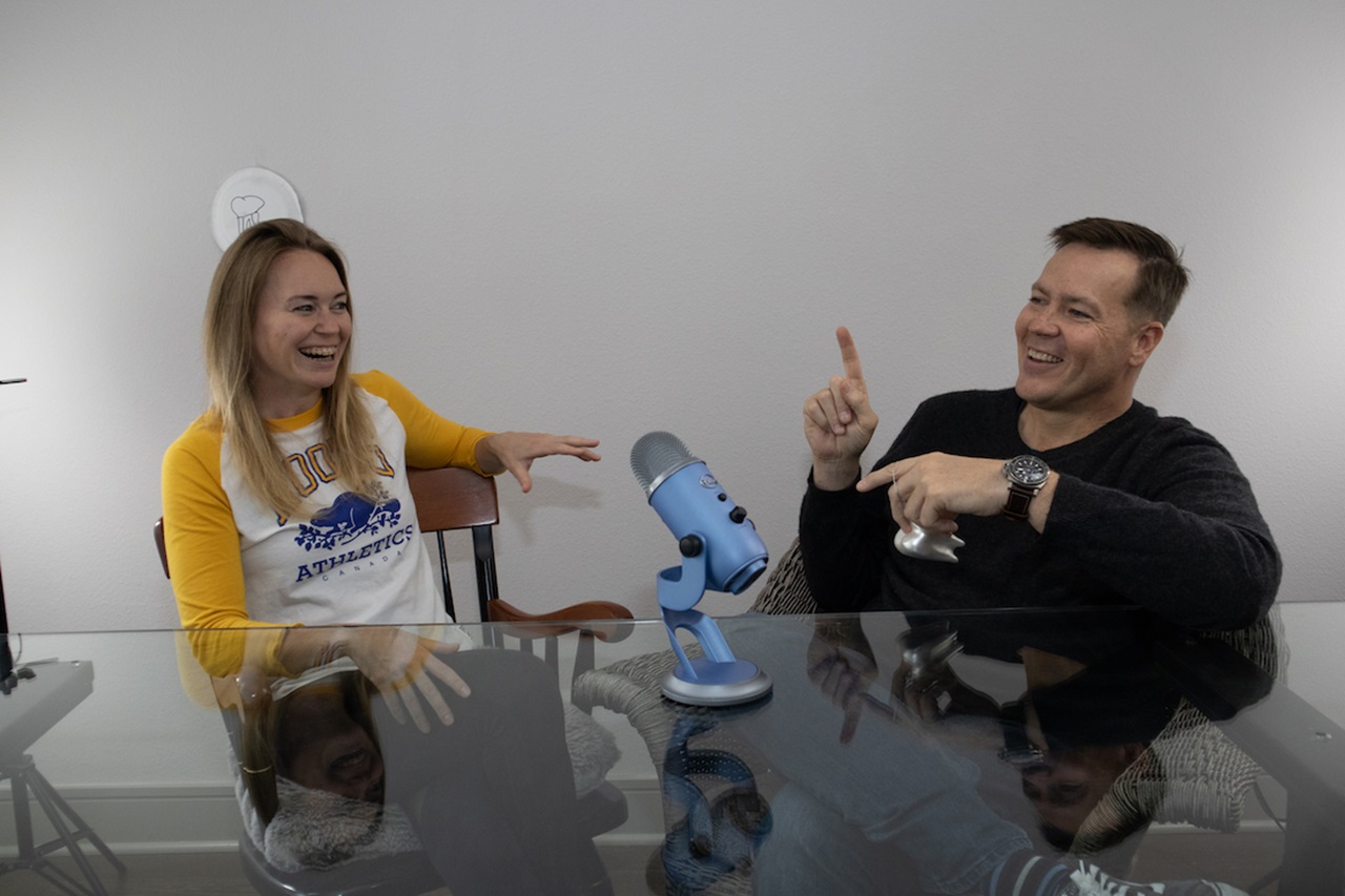 Photo of Dr Stephanie Ganter and Dr Bob McNeill recording their YouTube show Between Two Teeth