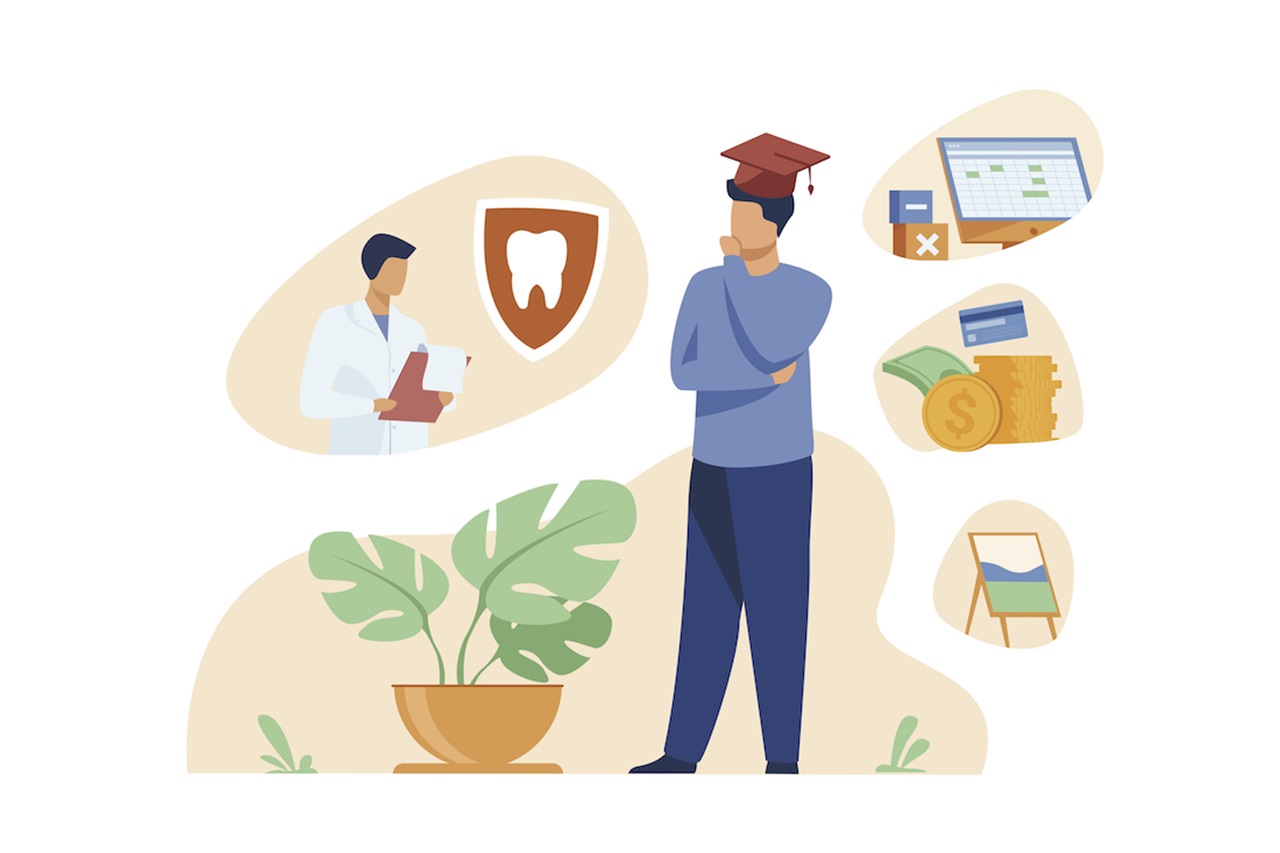 Graphic depicting financial tips and dental school