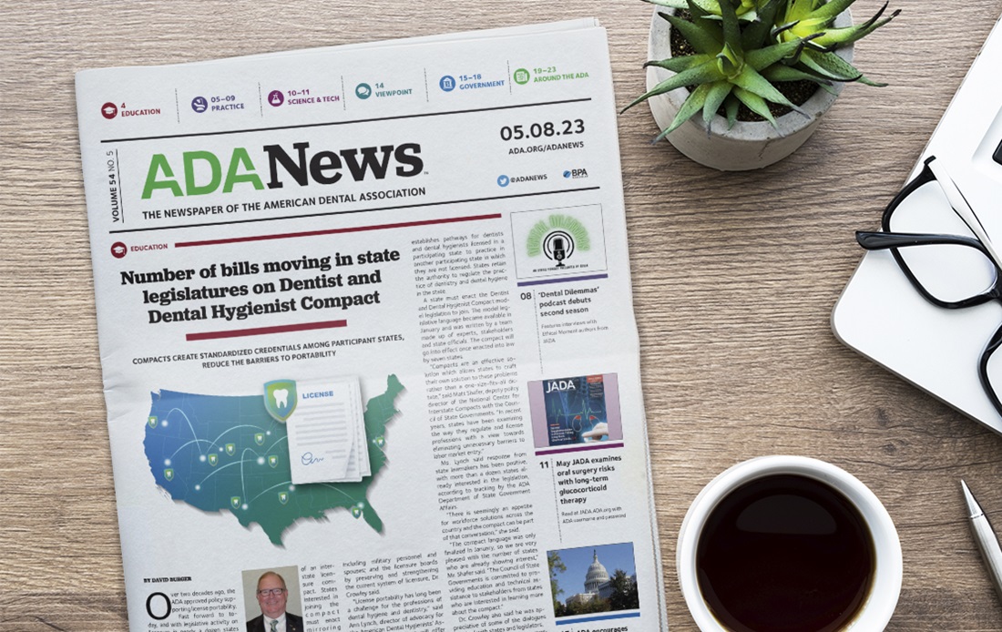 ADA News May edition a succulent, cup of coffee, pair of glasses.
