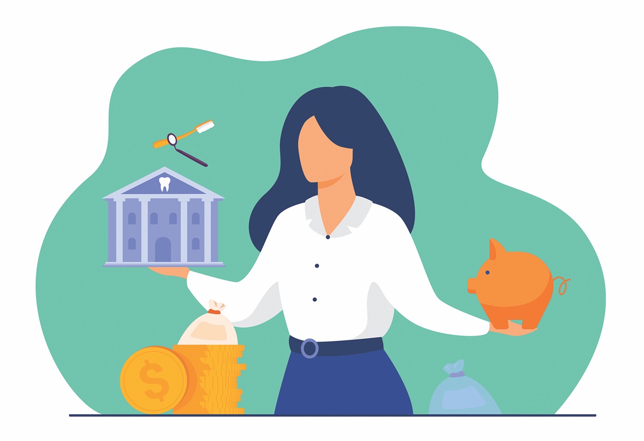 Image of woman holding school, piggy bank
