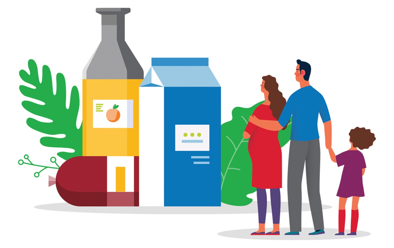 Graphic of a family looking at nutritional choices
