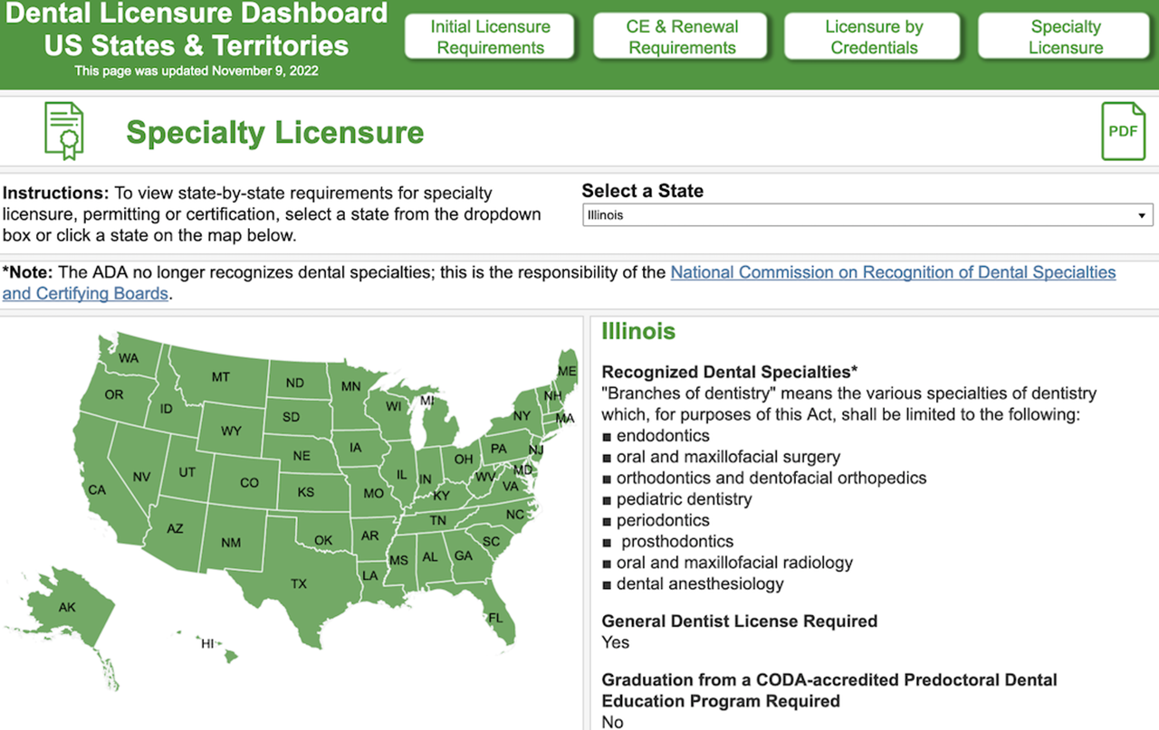 Screenshot of ADA's Dental Licensure Dashboard