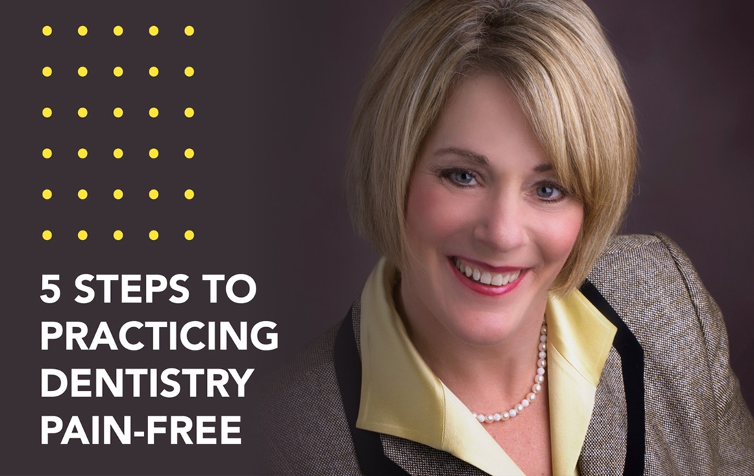 A photographic portrait of Dr. Bethany Valachi is accompanied by a title on the left that reads "5 Steps to Practicing Dentistry Pain-Free".