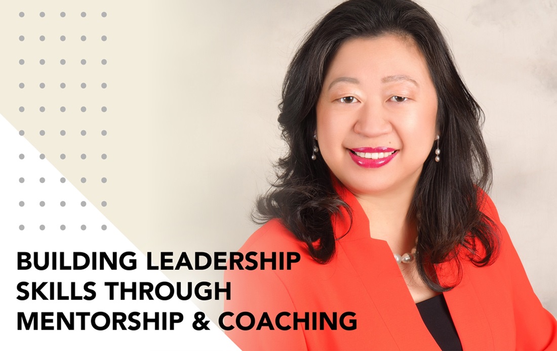 A photograph of Cathy Hung with text that reads "Building Skills Through Mentorship and Coaching"."