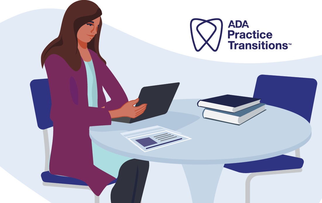 ADA Practice Transitions (ADAPT): Graphic of dentist at desk with ADAPT logo