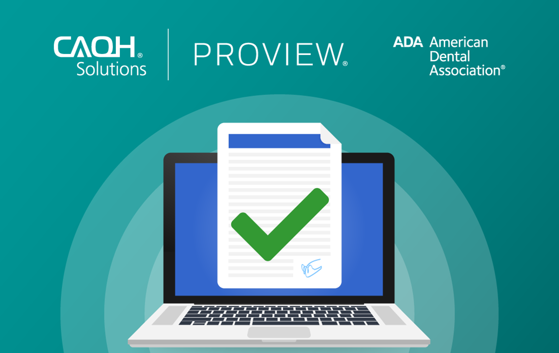 CAQH Proview and ADA logos with an illustration of a laptop with a check mark over it