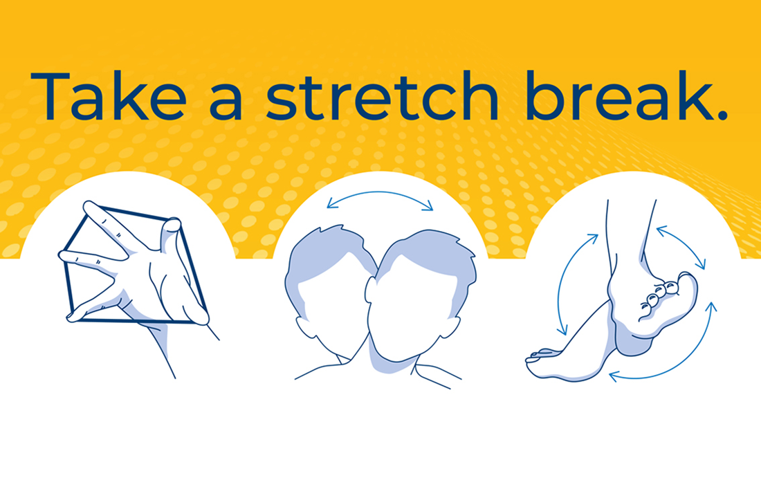 Take a stretch break image displaying a few different body parts to stretch.