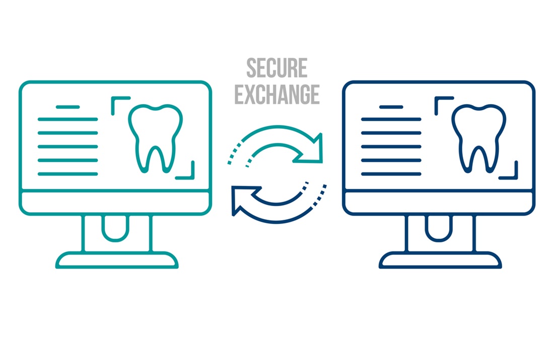 An info graphic depicting secure computer data exchange, illustrated in an line drawn, icon style. The words “Secure Exchange” appear in the middle top of the illustration.