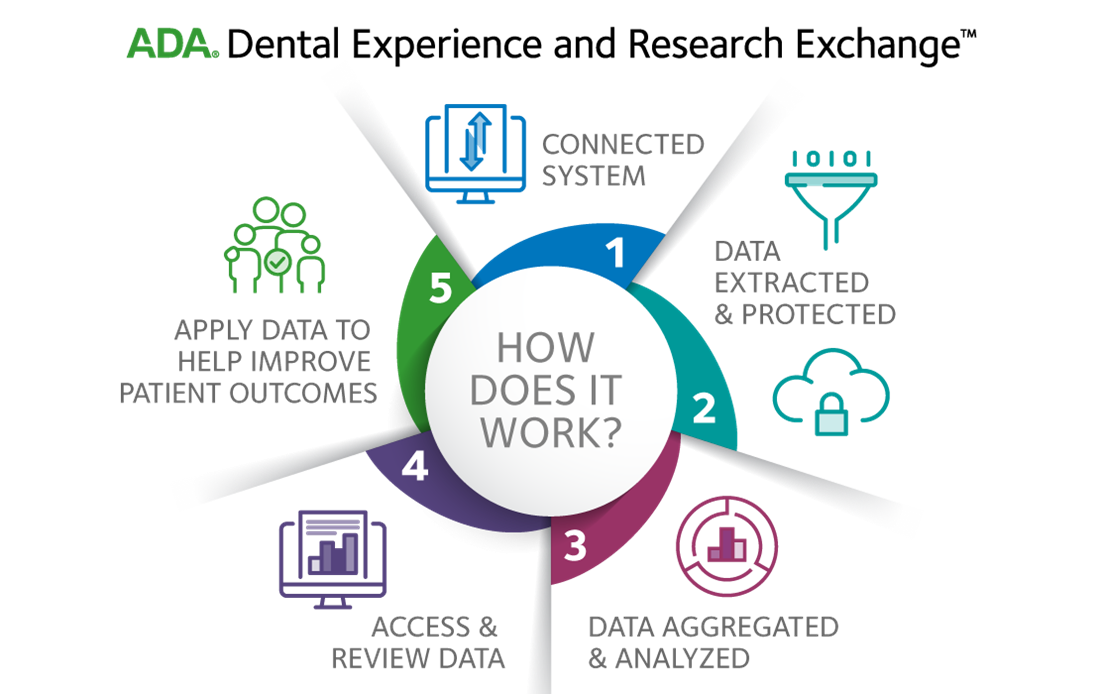 An infographic depicting five sections spoked out from a white circle. In the circle text reads. "HOW DOES IT WORK?". Each section, surrounding the white circle, contains an icon and text. Each addressing one of five features of the DERE software system.