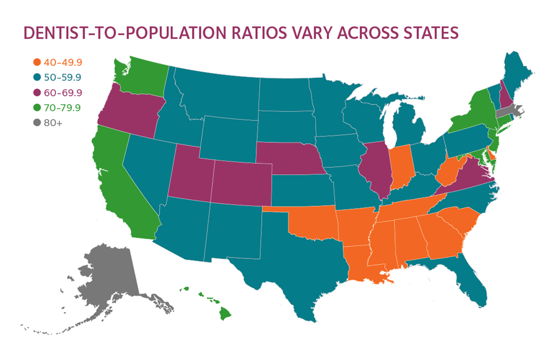 ADA Health Policy Institute infographic map of dentist growth by state