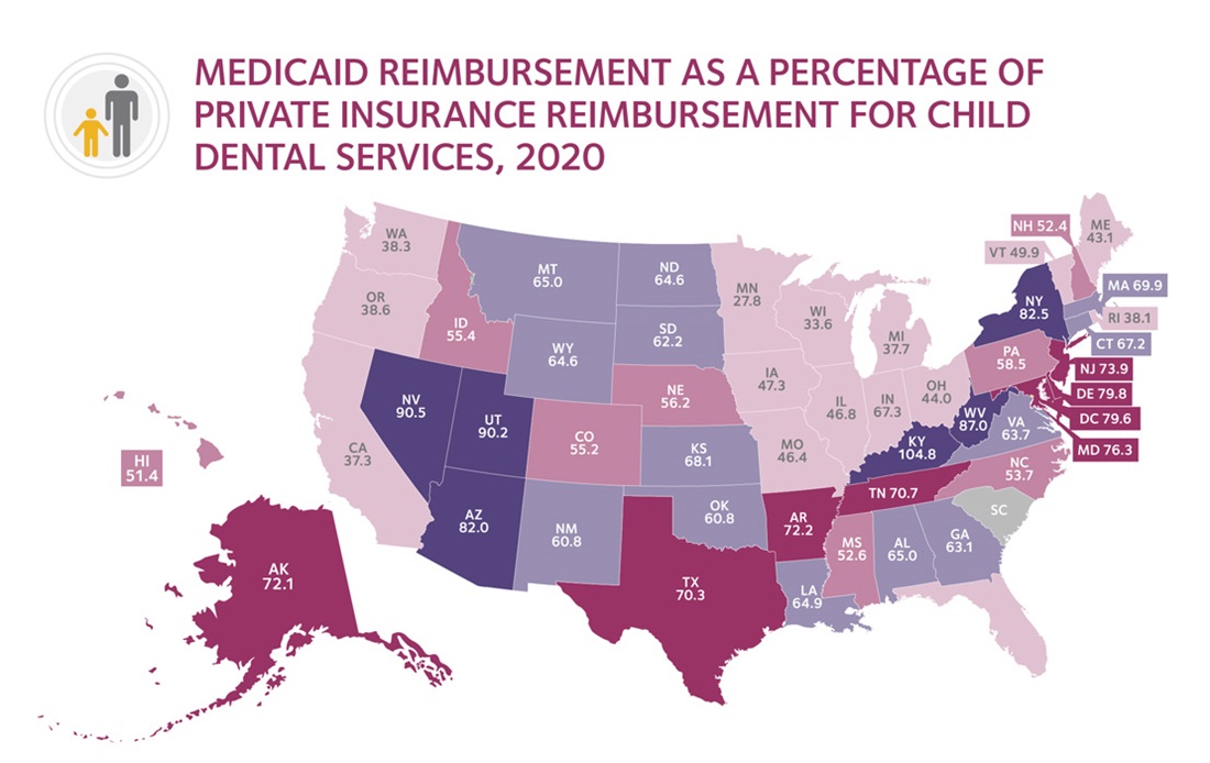 Medicaid reimbursement child adult dental services by state map infographic