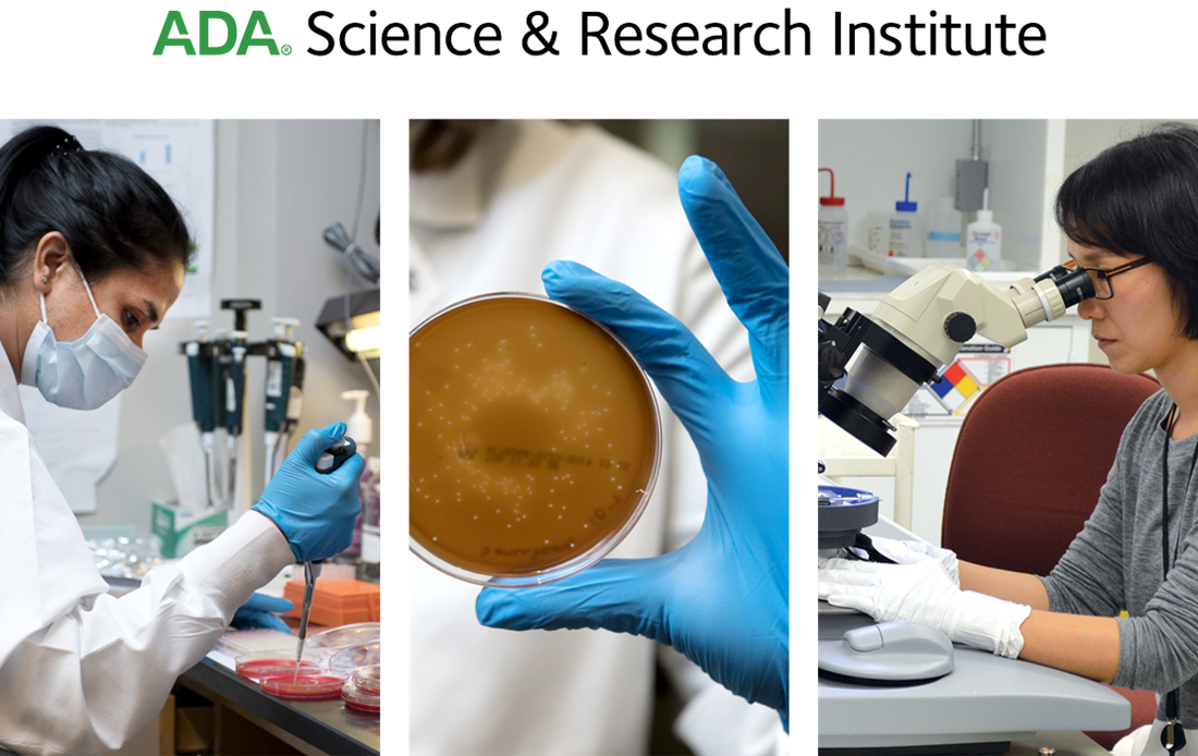 Three image panels, each showing scientists performing various work in laboratory settings. 