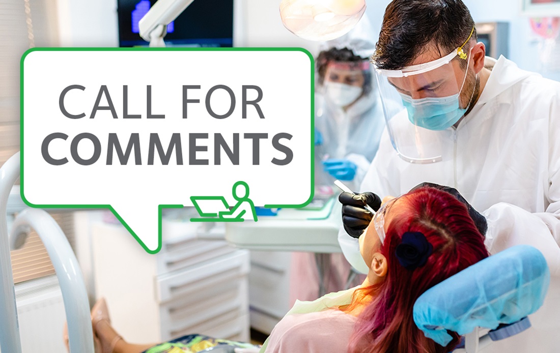 A photograph of a dental visit that reads, "Call For Comments", in a word balloon.