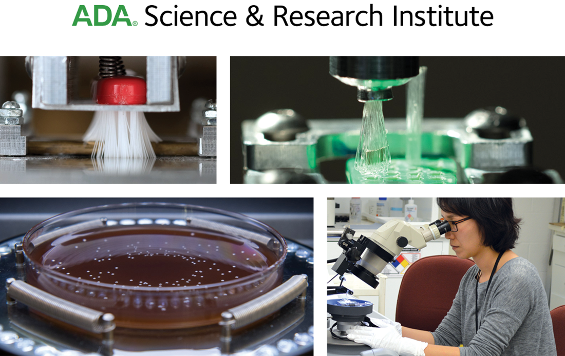 Above four image panels, three showing various laboratory equipment and one showing a scientist using a microscope in a laboratory setting, appears text that reads, "ADA Science and Research Institute".