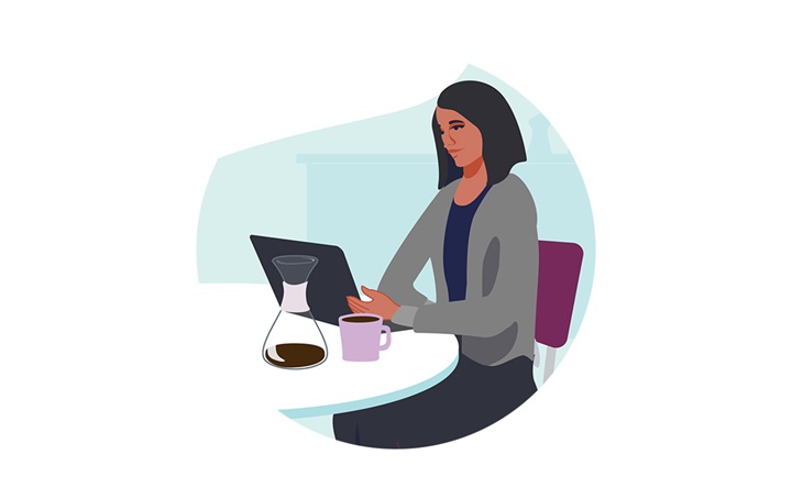 An illustration of a woman using a laptop computer