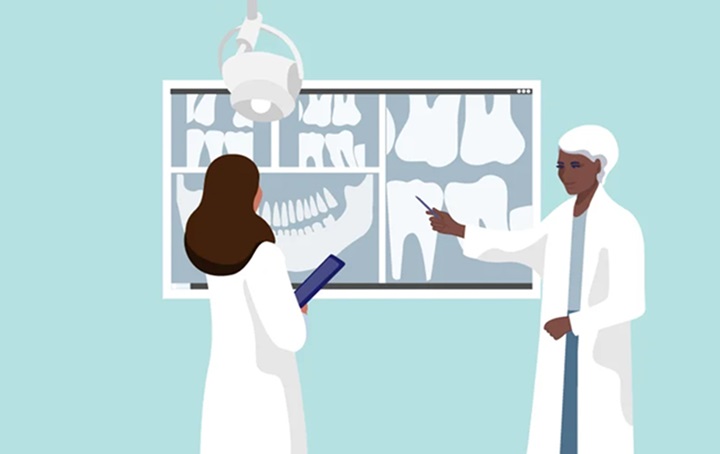 An illustration of dentists examining dental X-rays