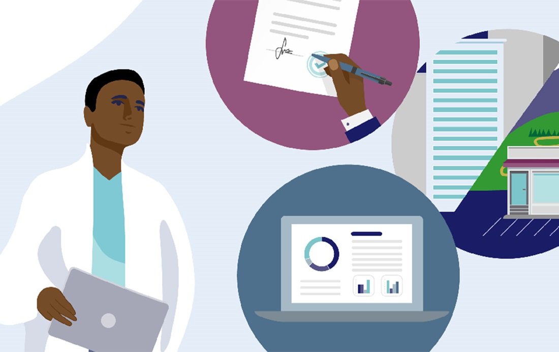 An illustration of student resource icons surrounding a student 