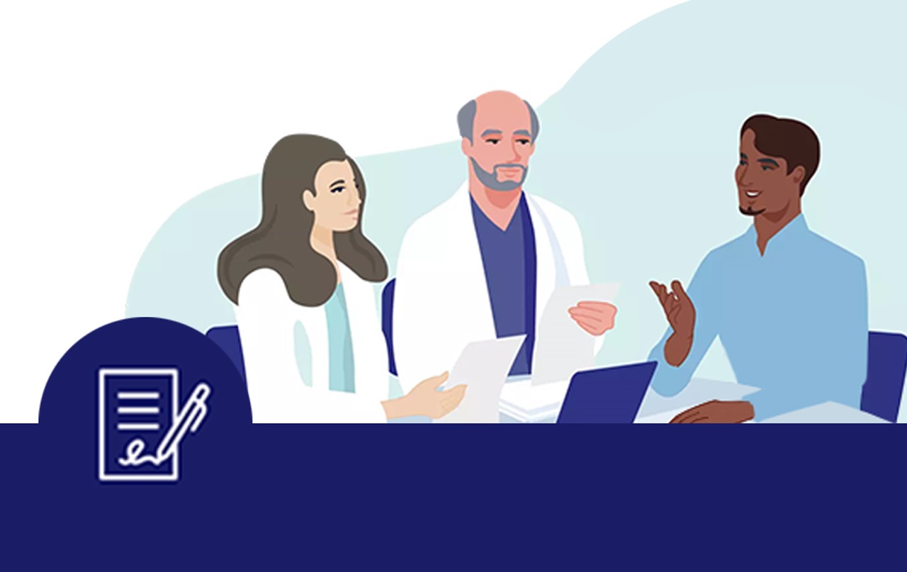 An illustration of three people at a meeting signing contracts