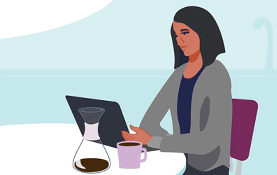 An illustration of a woman using a laptop and enjoying coffee