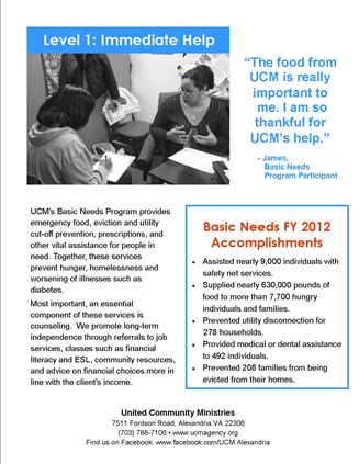 United Community Ministries flyer describing the immediate help they offer